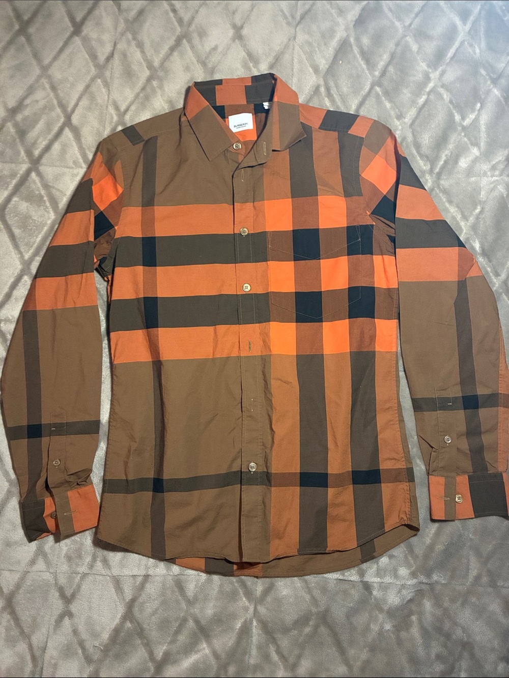 Burberry Stretch Poplin Men's Brown & Orange Plaid Button-Down Shirt Sz Small